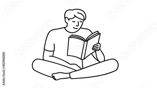 Man sitting cross-legged reading open book line art illustration Keywords: man, reading, book, sitting, cross-legged, open book, learning