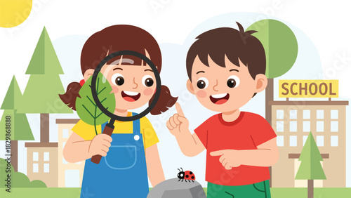 Kids exploring nature outdoors with magnifying glass. Ideal for science learning, outdoor classroom concepts, curiosity development, and discovery education