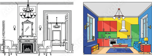 A detailed black and white illustration of a single feather gracefully falling