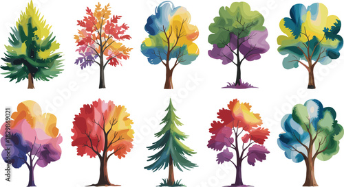 Set of colorful watercolor style trees featuring abstract pine and deciduous plants isolated on white background for artistic design.
