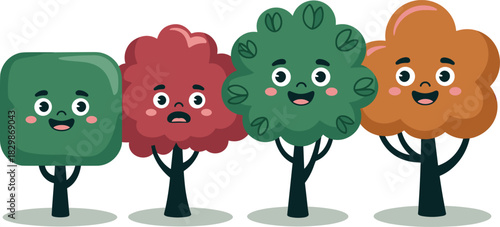 Set of cute cartoon tree characters with happy and surprised faces isolated on white background for kids nature design.