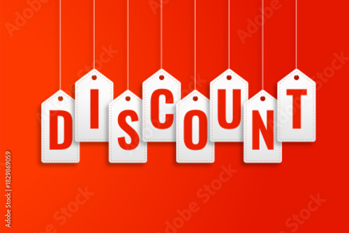 discount hanging price tags on red background