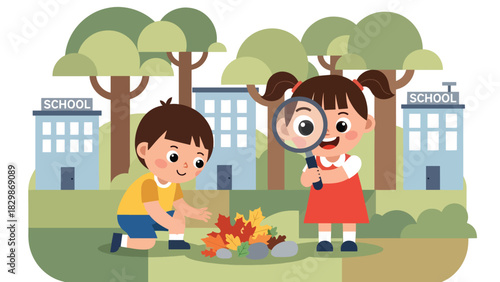 Kids exploring nature outdoors with magnifying glass. Ideal for science learning, outdoor classroom concepts, curiosity development, and discovery education