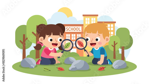 Kids exploring nature outdoors with magnifying glass. Ideal for science learning, outdoor classroom concepts, curiosity development, and discovery education
