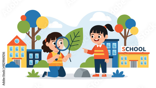 Kids exploring nature outdoors with magnifying glass. Ideal for science learning, outdoor classroom concepts, curiosity development, and discovery education