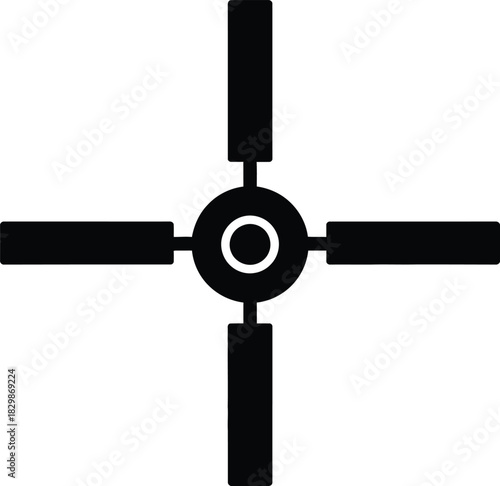 Simple black silhouette of a four bladed ceiling fan on a white background