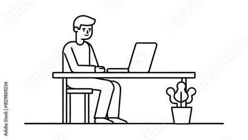 Man Working on Laptop at Desk with Plant computer chair