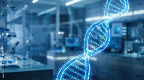 Blue Digital DNA Double Helix Glowing in a Modern Science Laboratory, Symbolizing Advanced Genetic Research and Medical Innovation