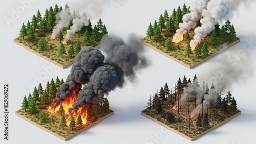 Isometric Forest Fire Stages with Smoke Plumes