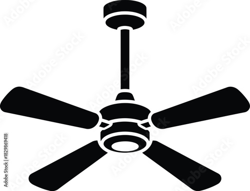 Modern five blade ceiling fan with downrod and canopy silhouette