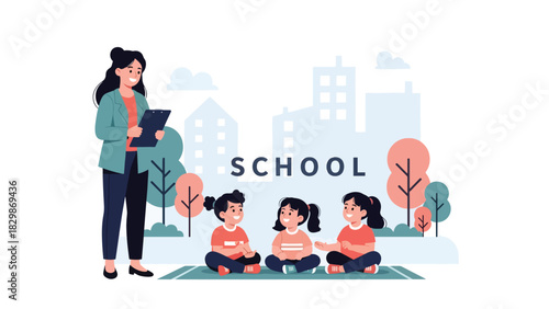 Kids sitting and listening to teacher outdoors during class. Perfect for creative teaching methods, open-air classroom concepts, learning engagement, and education visuals