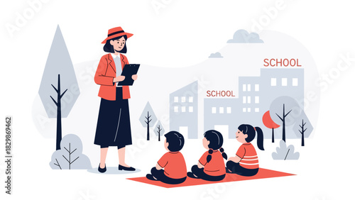 Kids sitting and listening to teacher outdoors during class. Perfect for creative teaching methods, open-air classroom concepts, learning engagement, and education visuals