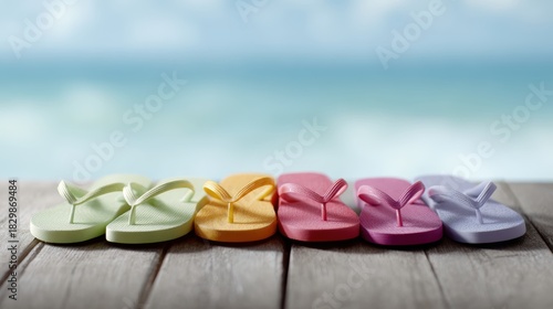 Fototapeta Naklejka Na Ścianę i Meble -  four pairs of colorful flip-flops, beach setting with sea in background, warm sunny day, family summer theme