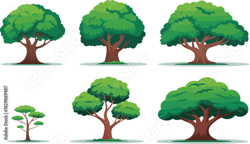 Set of lush green deciduous forest trees with thick trunks isolated on white background for nature landscape vector illustration.