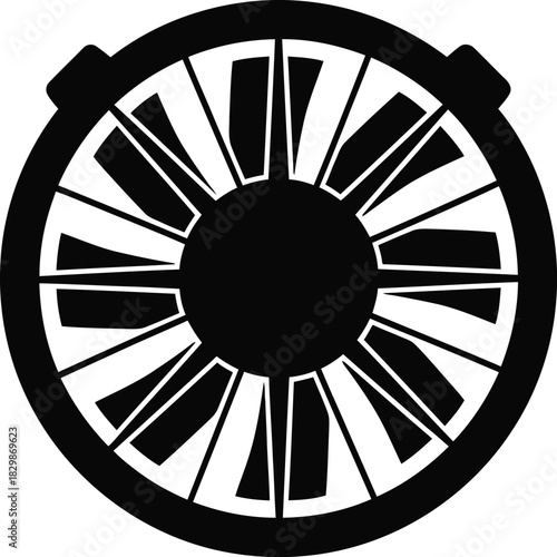 Stylized jet engine turbine fan blades in a circular outline silhouette