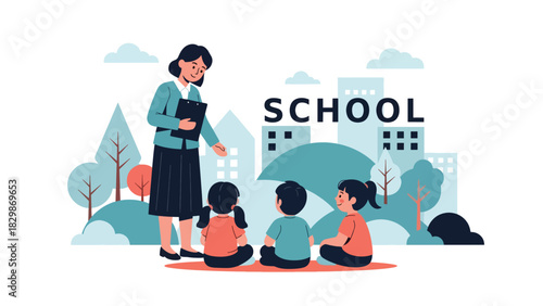 Kids sitting and listening to teacher outdoors during class. Perfect for creative teaching methods, open-air classroom concepts, learning engagement, and education visuals