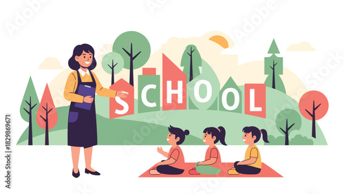 Kids sitting and listening to teacher outdoors during class. Perfect for creative teaching methods, open-air classroom concepts, learning engagement, and education visuals