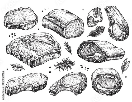 Hand-drawn sketch of various cuts of meat, creating a culinary illustration
