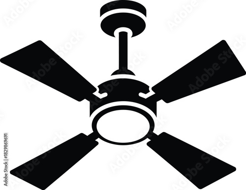 A simple black silhouette of a five blade ceiling fan mounted on a white background