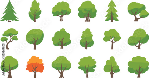 Set of simple flat tree icons featuring green forest plants and autumn foliage isolated on white background for map design.