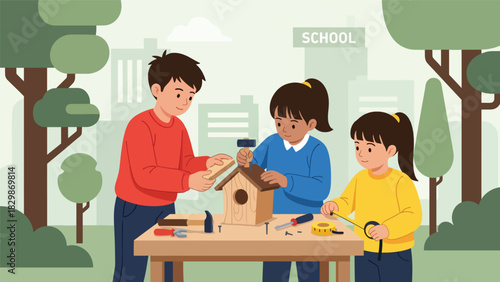 Kids assembling a small birdhouse outdoors during school DIY workshop. Perfect for hands-on learning, teamwork development, and outdoor project education.