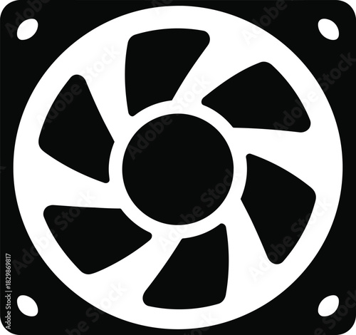 A simple black and white silhouette of a computer cooling fan