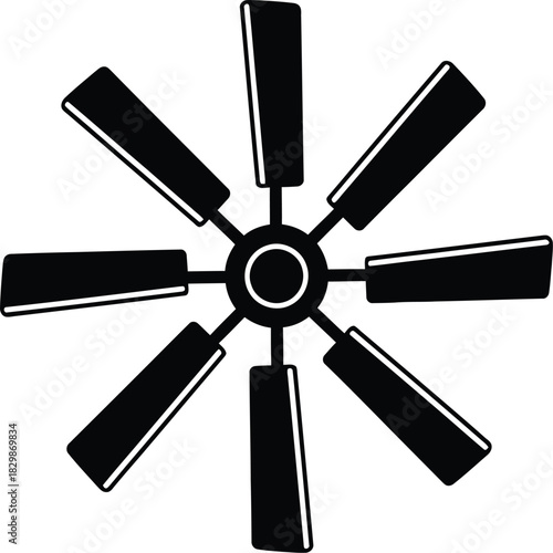 A simple black silhouette of a ceiling fan with eight blades on a white background