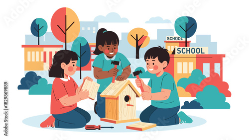 Kids assembling a small birdhouse outdoors during school DIY workshop. Perfect for hands-on learning, teamwork development, and outdoor project education.