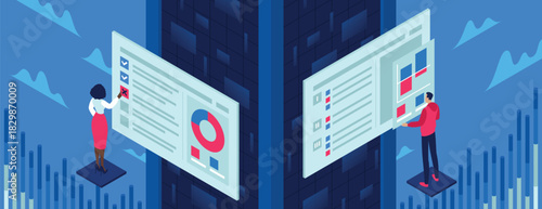 A questionnaire marketing survey isometric vector illustration with people and dashboard.