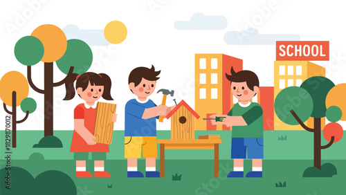 Kids assembling a small birdhouse outdoors during school DIY workshop. Perfect for hands-on learning, teamwork development, and outdoor project education.