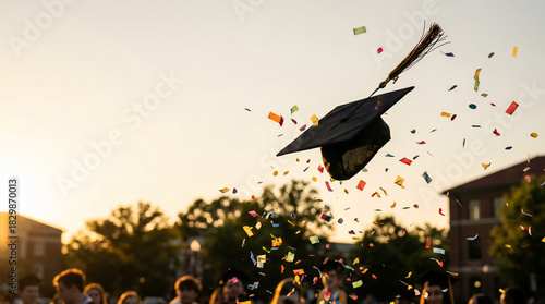 Graduation Cap Soaring High with Vibrant Confetti, Celebrating Student Success and Future Aspirations at a Golden Sunset