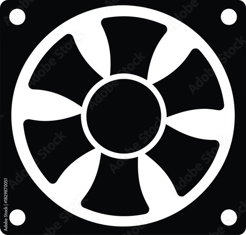A black and white silhouette of a computer cooling fan with six blades and mounting holes