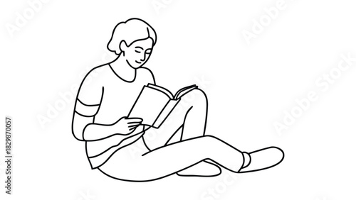 Person sitting on floor reading open book line art illustration Keywords: person, reading, book, sitting, floor, open book, learning, education