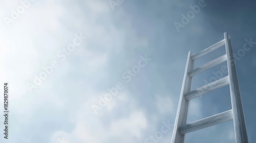 Fototapeta Naklejka Na Ścianę i Meble -  tall extension ladder pointing upward, concept of climbing to success, bright blue sky with clouds
