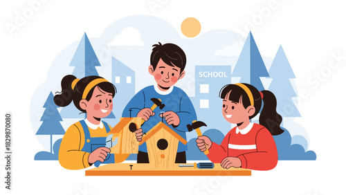 Kids assembling a small birdhouse outdoors during school DIY workshop. Perfect for hands-on learning, teamwork development, and outdoor project education.