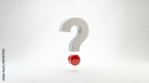 Question Mark, a Bright White 3D Rendered Symbol with a Glossy Red Dot, Floating on a Clean Studio Background, Posing Important Questions.