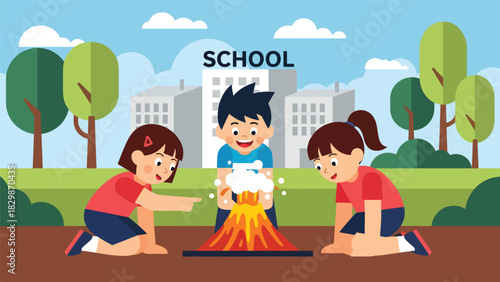 Students performing simple science experiment outdoors with excitement. Ideal for STEM learning, playful discovery, and hands-on outdoor education activities.