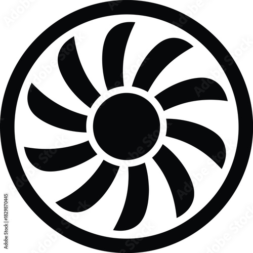Stylized circular fan blades with a central hub in a bold black silhouette
