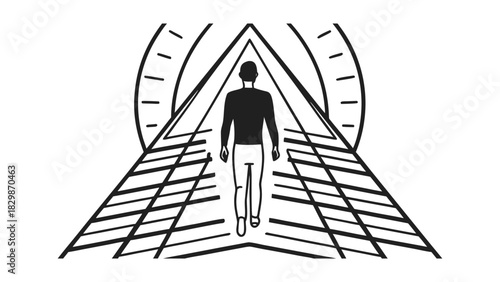 Silhouette of a man walking into a triangular tunnel with a circular element triangle
