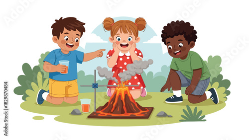 Students performing simple science experiment outdoors with excitement. Ideal for STEM learning, playful discovery, and hands-on outdoor education activities.