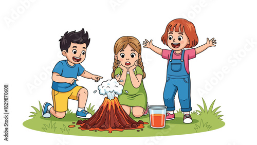 Students performing simple science experiment outdoors with excitement. Ideal for STEM learning, playful discovery, and hands-on outdoor education activities.