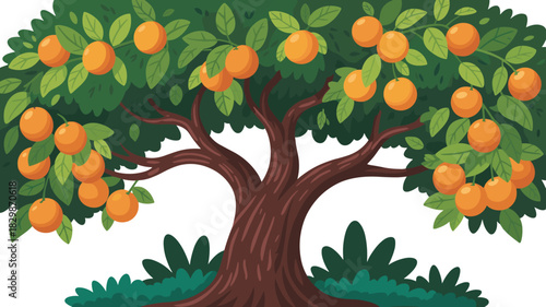 Vector illustration of a spreading orange tree with ripe citrus fruits and green leaves isolated on white background for garden design.