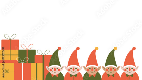 A festive arrangement of christmas elves and stacked gifts against a white background in a cartoon style