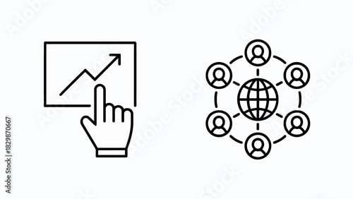 Business Growth and Global Network Connection Outline Icons Presenting Financial Success and Worldwide Communication