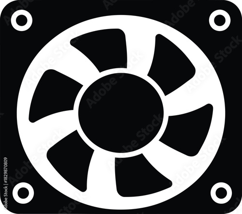 A black and white silhouette of a computer cooling fan with six blades and mounting holes
