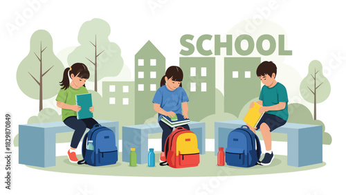 Kids packing backpacks outside after recess. Ideal for school routine visuals, student responsibility themes, and outdoor learning lifestyle concepts.