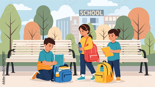 Kids packing backpacks outside after recess. Ideal for school routine visuals, student responsibility themes, and outdoor learning lifestyle concepts.