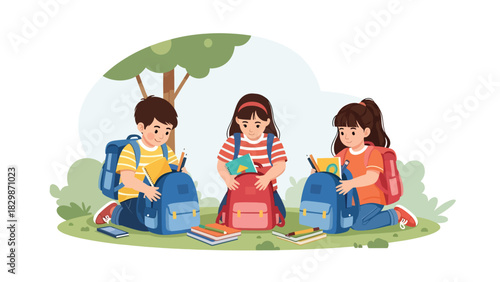 Kids packing backpacks outside after recess. Ideal for school routine visuals, student responsibility themes, and outdoor learning lifestyle concepts.