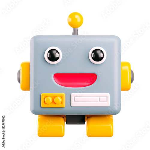 Cute cartoon robot character with a smiling face, perfect for children's designs, tech, and playful themes.