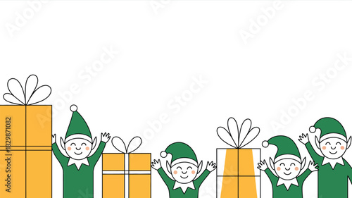 Illustration of christmas elves with green suits and hats standing with yellow gift boxes on white background